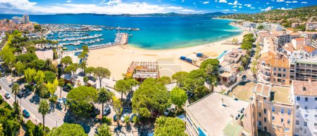 Town of Sainte Maxime beach and waterfront aerial panoramic view, south of France riviera