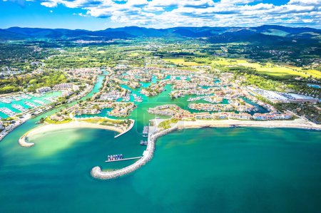 Scenic Port Grimaud yachting village marina aerial view, archipelago of French riviera