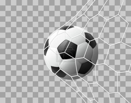 Bola de fútbol realista golpeando la red, aislado sobre fondo transparente. 3d estilo vector ilustración