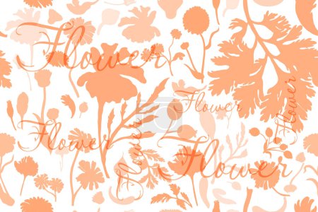 Illustration for Seamless pattern with silhouettes of garden flowers. Pastel-colored flowers are isolated on the white background. Hand-drawn parts of the marigold, calendula, chamomile, rose fruits, and word above. - Royalty Free Image