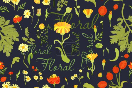 Illustration for The seamless pattern with colorful flower parts is isolated on the dark-bluish background. Hand-drawn parts of the marigold, calendula, chamomile, rose fruits, and words in the center. - Royalty Free Image