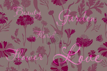 Illustration for The seamless pattern with duotone red-pink flower parts is isolated on the darker background. Hand-drawn parts of the marigold, calendula, chamomile, rose fruits, and words above. - Royalty Free Image