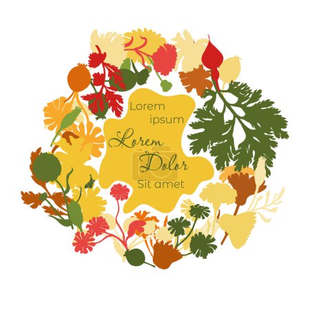 Illustration for Isolated wreath with flat silhouettes of garden flowers. Colorful flower parts with a free-form shape and text in center. Hand-drawn parts of the marigold, calendula, chamomile, and dog rose fruits. - Royalty Free Image