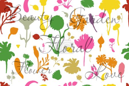 Illustration for Seamless pattern with silhouettes of garden flowers. Colorful flower parts are isolated on the white background. Hand-drawn parts of the marigold, calendula, chamomile, rose fruits, and words above. - Royalty Free Image