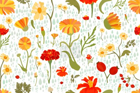 Illustration for A seamless pattern with vibrant flower parts isolated on the white background filled with blue raindrops. Hand-drawn parts of the marigold, calendula, chamomile, and rose fruits. - Royalty Free Image