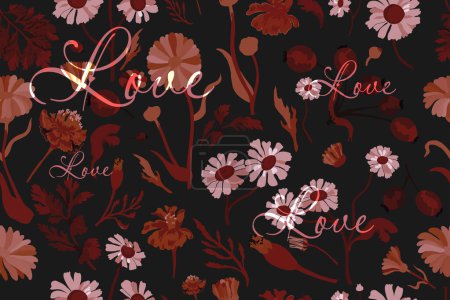 Illustration for The seamless pattern with duotone pinkish flower parts is isolated on the black background. Hand-drawn parts of the marigold, calendula, chamomile, rose fruits, and words above. - Royalty Free Image