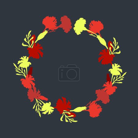 Illustration for Isolated wreath with flat silhouettes of garden flowers. Colorful Marigold parts on the dark background. Hand-drawn parts of the marigold, calendula, chamomile, and dog rose fruits. - Royalty Free Image