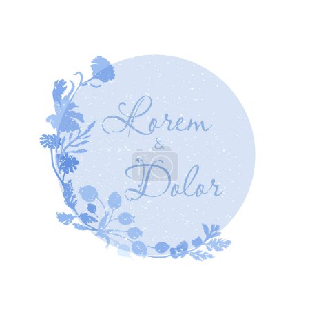 Illustration for Isolated composition with flat silhouettes of garden flowers. Blueish flower parts are placed on the blue round. Hand-drawn parts of the marigold, calendula, chamomile, and dog rose fruits. - Royalty Free Image