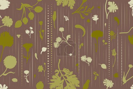Illustration for A seamless pattern with green-tinted flower parts is isolated on the brown background with vertical rain-like strokes. Hand-drawn parts of the marigold, calendula, chamomile, and rose fruits. - Royalty Free Image