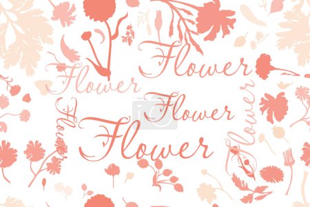 Illustration for The seamless pattern with silhouettes of pastel flower parts is isolated on the white background. Hand-drawn parts of the marigold, calendula, chamomile, rose fruits, and words in the center. - Royalty Free Image