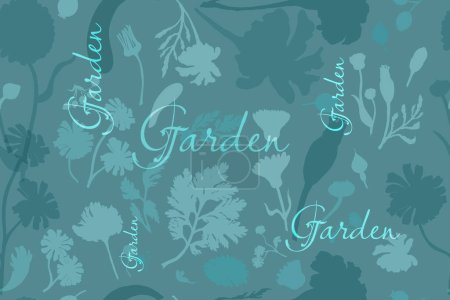 Illustration for Seamless pattern with silhouettes of garden flowers. Teal tint flowers are isolated on the turquoise background. Hand-drawn parts of the marigold, calendula, chamomile, rose fruits, and word above. - Royalty Free Image