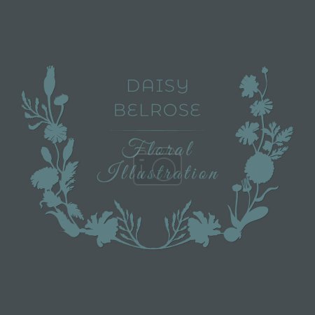 Illustration for Isolated U-shaped wreath with flat silhouettes of garden flowers. Blue flower parts on the dark background with text. Hand-drawn parts of the marigold, calendula, chamomile, and dog rose fruits. - Royalty Free Image