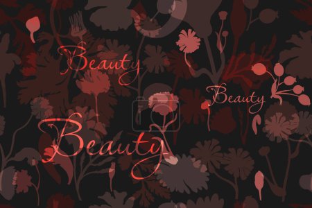 Illustration for The seamless pattern with red-tinted semitransparent overlapped flower parts on the dark background. Hand-drawn parts of the marigold, calendula, chamomile, rose fruits, and one word above. - Royalty Free Image