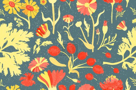 Illustration for A Seamless pattern with duotone flower parts is isolated on the turquoise background. Sand-like texture over it. Hand-drawn parts of the marigold, calendula, chamomile, and rose fruits. - Royalty Free Image