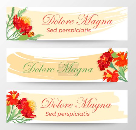 Illustration for Web Banners with sample text and floral composition. White backgrounds with brush smears and fully colored Marigold leaves and flowers. Vibrant banners for summer ad campaigns. - Royalty Free Image