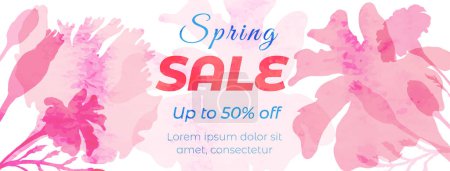 Illustration for Web Banner with sample text and floral arrangement. Pink marigold flowers on the white background with watercolor texture. Web banner for spring ad campaigns. - Royalty Free Image