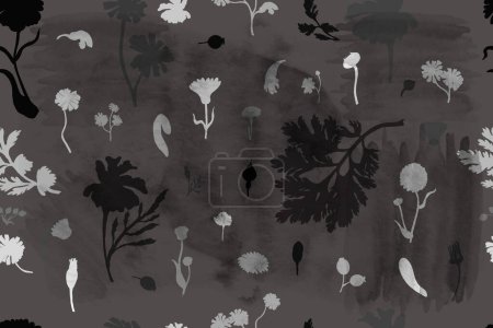 Illustration for A seamless pattern with monochrome flower parts is isolated on the grey background with a watercolor texture. Hand-drawn parts of the marigold, calendula, chamomile, and rose fruits. - Royalty Free Image