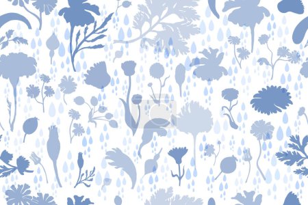 Illustration for A seamless pattern with blue-tinted flower parts which isolated on the white background filled with raindrops. Hand-drawn parts of the marigold, calendula, chamomile, and rose fruits. - Royalty Free Image