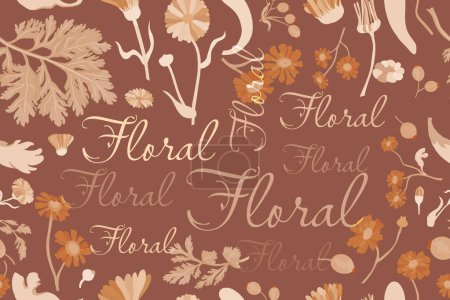 Illustration for The seamless pattern with sepia flower parts is isolated on the brown background. Hand-drawn parts of the marigold, calendula, chamomile, rose fruits, and words in the center. - Royalty Free Image