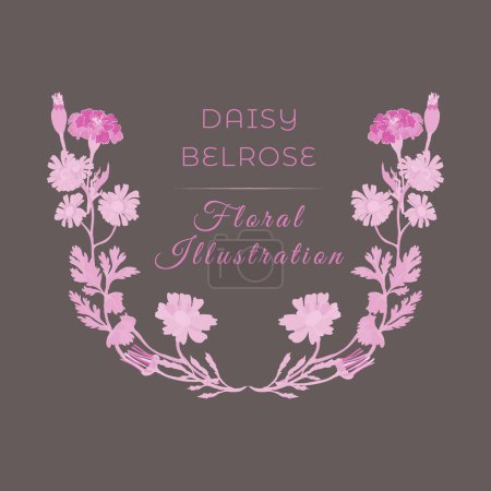 Illustration for Isolated U-shaped wreath with garden flowers. Pink and white flower parts on the darker background with text. Hand-drawn parts of the marigold, calendula, and chamomile. - Royalty Free Image