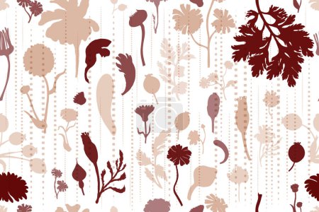 Illustration for A seamless pattern with maroon flower parts is isolated on the white background with vertical rain-like strokes. Hand-drawn parts of the marigold, calendula, chamomile, and rose fruits. - Royalty Free Image