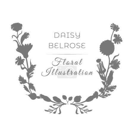 Illustration for Isolated U-shaped wreath with flat silhouettes of garden flowers. Grey flower parts on the white background with text. Hand-drawn parts of the marigold, calendula, chamomile, and dog rose fruits. - Royalty Free Image
