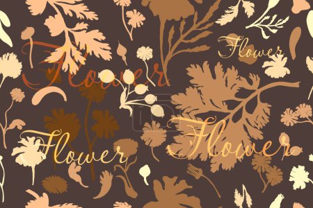 Illustration for Seamless pattern with silhouettes of garden flowers. Sepia-colored flower parts isolated on the brown background. Hand-drawn parts of the marigold, calendula, chamomile, rose fruits, and word above. - Royalty Free Image