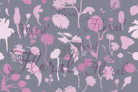 Illustration for Seamless pattern with silhouettes of garden flowers. Pastel-colored flowers are isolated on the lilac background. Hand-drawn parts of the marigold, calendula, chamomile, rose fruits, and word above. - Royalty Free Image