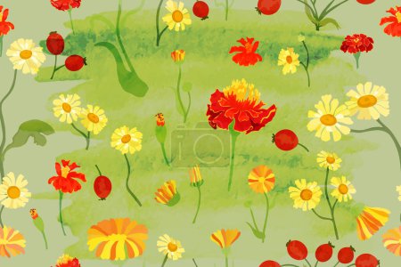 Illustration for A seamless pattern with colored flowers is isolated on the vibrant green background with a watercolor texture. Hand-drawn parts of the marigold, calendula, chamomile, and rose fruits. - Royalty Free Image