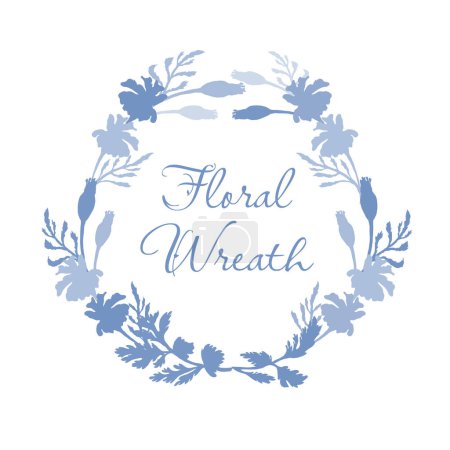 Illustration for Isolated wreath with blue flat silhouettes of garden flowers. Flower parts are isolated on the white background with text. Hand-drawn parts of the marigold, calendula, chamomile, and dog rose fruits. - Royalty Free Image