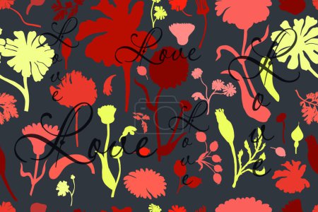 Illustration for Seamless pattern with silhouettes of garden flowers. Colorful flower parts are isolated on the dark background. Hand-drawn parts of the marigold, calendula, chamomile, rose fruits, and one word above. - Royalty Free Image