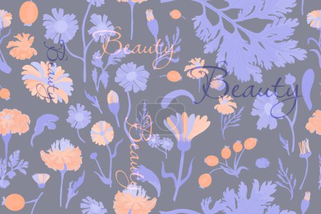 Illustration for The seamless pattern with duotone blue-orange flower parts is isolated on the blue background. Hand-drawn parts of the marigold, calendula, chamomile, rose fruits, and words above. - Royalty Free Image