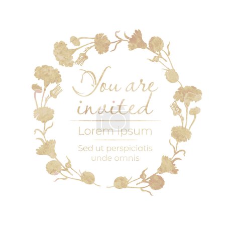 Illustration for Isolated wreath with flat silhouettes of garden flowers. One-color flower parts on white background. Watercolor texture. Hand-drawn parts of the marigold, calendula, chamomile, and dog rose fruits. - Royalty Free Image