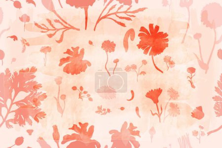Illustration for A seamless pattern with pink flower parts is isolated on the yellow background with a watercolor texture. Hand-drawn parts of the marigold, calendula, chamomile, and rose fruits. - Royalty Free Image
