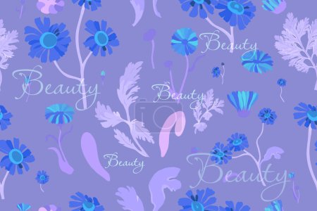 Illustration for Seamless pattern with lilac-blue garden flowers. Bluish flower parts are isolated on the lilac background. Hand-drawn parts of the marigold, calendula, chamomile, rose fruits, and word above. - Royalty Free Image