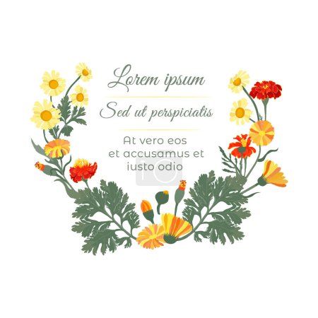 Illustration for Isolated U-shaped wreath with colorful garden flowers. Naturally colored flower parts on the white background with sample text. Hand-drawn parts of the marigold, calendula, and chamomile. - Royalty Free Image