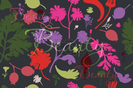 Illustration for Seamless pattern with silhouettes of garden flowers. Colorful flower parts are isolated on the dark background. Hand-drawn parts of the marigold, calendula, chamomile, rose fruits, and one word above. - Royalty Free Image