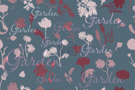 Illustration for Seamless pattern with silhouettes of garden flowers. Colored flowers are isolated on the blue-grey background. Hand-drawn parts of the marigold, calendula, chamomile, rose fruits, and word above. - Royalty Free Image