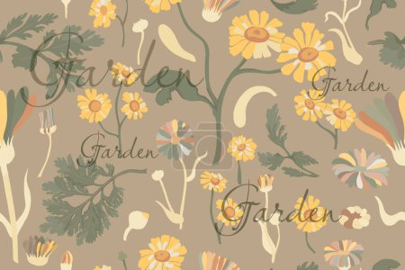 Illustration for Seamless pattern with vintage color garden flowers. Multicolored flower parts are isolated on brown background. Hand-drawn parts of the marigold, calendula, chamomile, rose fruits, and word above. - Royalty Free Image