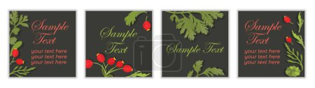 Illustration for Web Banners with sample text and floral composition. Dark background with fully colored leaves and flowers. Leaves of the Feverfew and Calendula, and fruits of the Dog Rose - Royalty Free Image