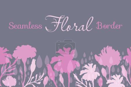 Illustration for A seamless border was made in silhouette and placed horizontally on the violet background. The border is made from Marigold plant parts and decorated with raindrops. Floral borders for any design. - Royalty Free Image