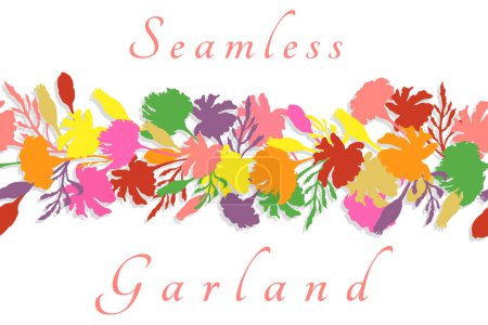Illustration for A seamless border was made in silhouette and placed horizontally on the white background. The border is made from Marigold plant parts and made as applique. Floral borders for any design ideas. - Royalty Free Image