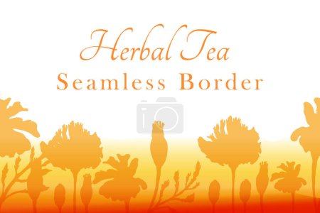 Illustration for A seamless border was made in silhouette and placed horizontally on a white background. The border is made from Marigold plant parts and decorated with a red-to-yellow gradient. - Royalty Free Image