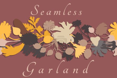 Illustration for A seamless border made in silhouette and placed horizontally on the brown background. The border is made from Marigold, Calendula, Feverfew, and Dog rose parts and made as applique. - Royalty Free Image