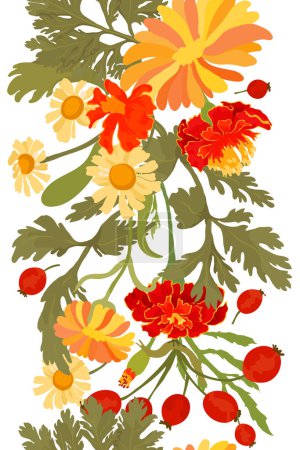 Illustration for A colorful seamless border is placed vertically on a white background. The border is made from Marigold, Calendula, Feverfew, and Dog rose parts. Floral borders for any design ideas. - Royalty Free Image