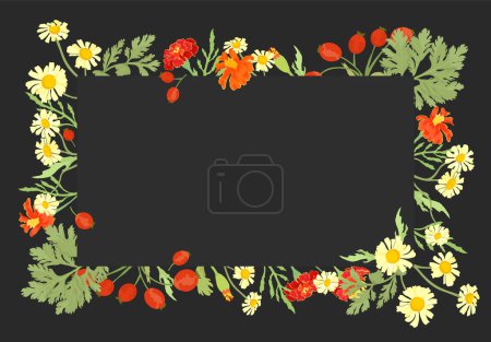 Illustration for Fully colored flowers are put around a rectangular shape on a dark background. Frame made from Calendula, Marigold, Feverfew, and Dog rose flower parts. Floral frame for any design ideas. - Royalty Free Image
