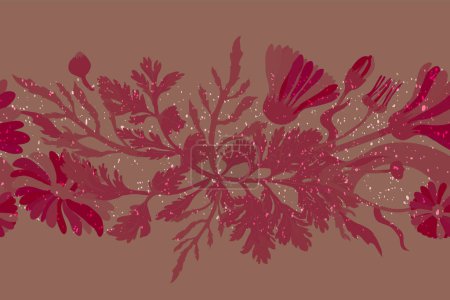 Illustration for A seamless border was made in 2 tints and placed horizontally on a brownish background. Marigold, Calendula, and Dog rose spotted with texture. Floral borders for any design ideas. - Royalty Free Image