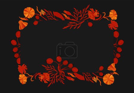 Illustration for Vibrant flowers are put around a rectangular frame on a black background. Frame made from Calendula, Feverfew, Marigold, and Dog rose flower parts. Floral frame for any design ideas. - Royalty Free Image