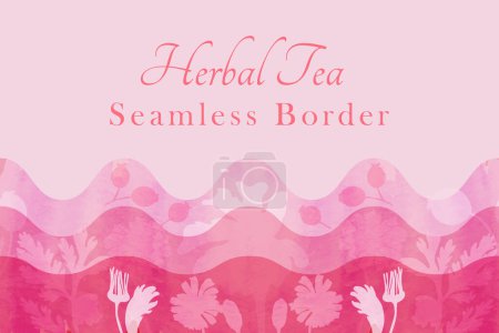 Illustration for A seamless border was made in silhouette and placed horizontally on a pink background. The border is made from Marigold, Calendula, Feverfew, and Dog rose parts and decorated with watercolor texture. - Royalty Free Image