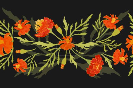 Illustration for A colorful seamless border is placed horizontally on a dark background. The border is made from the Marigold parts. Floral borders for any design ideas. - Royalty Free Image